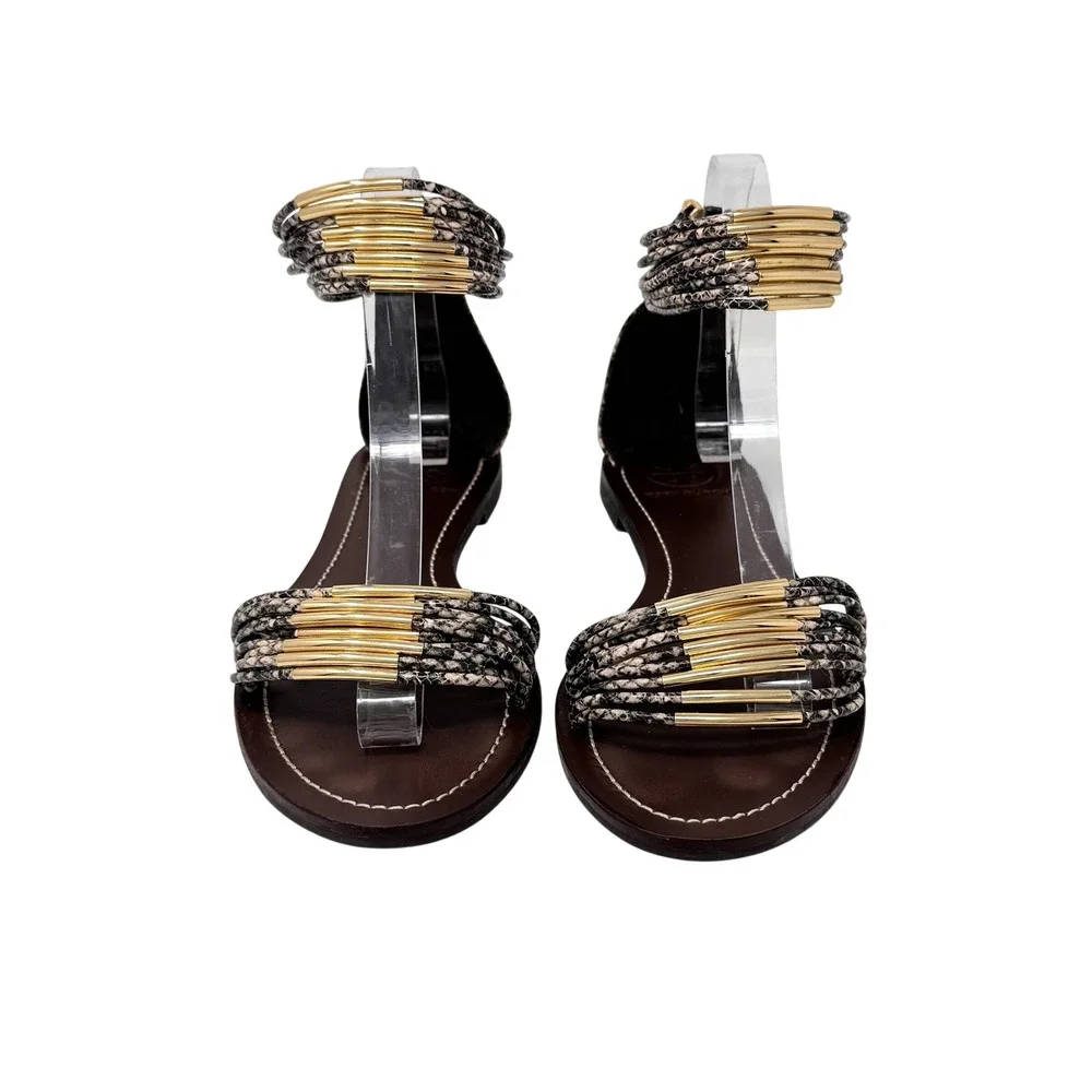 Tory Burch Mignon Ankle Strap Flat Sandals Gold Snake Print Size 8.5